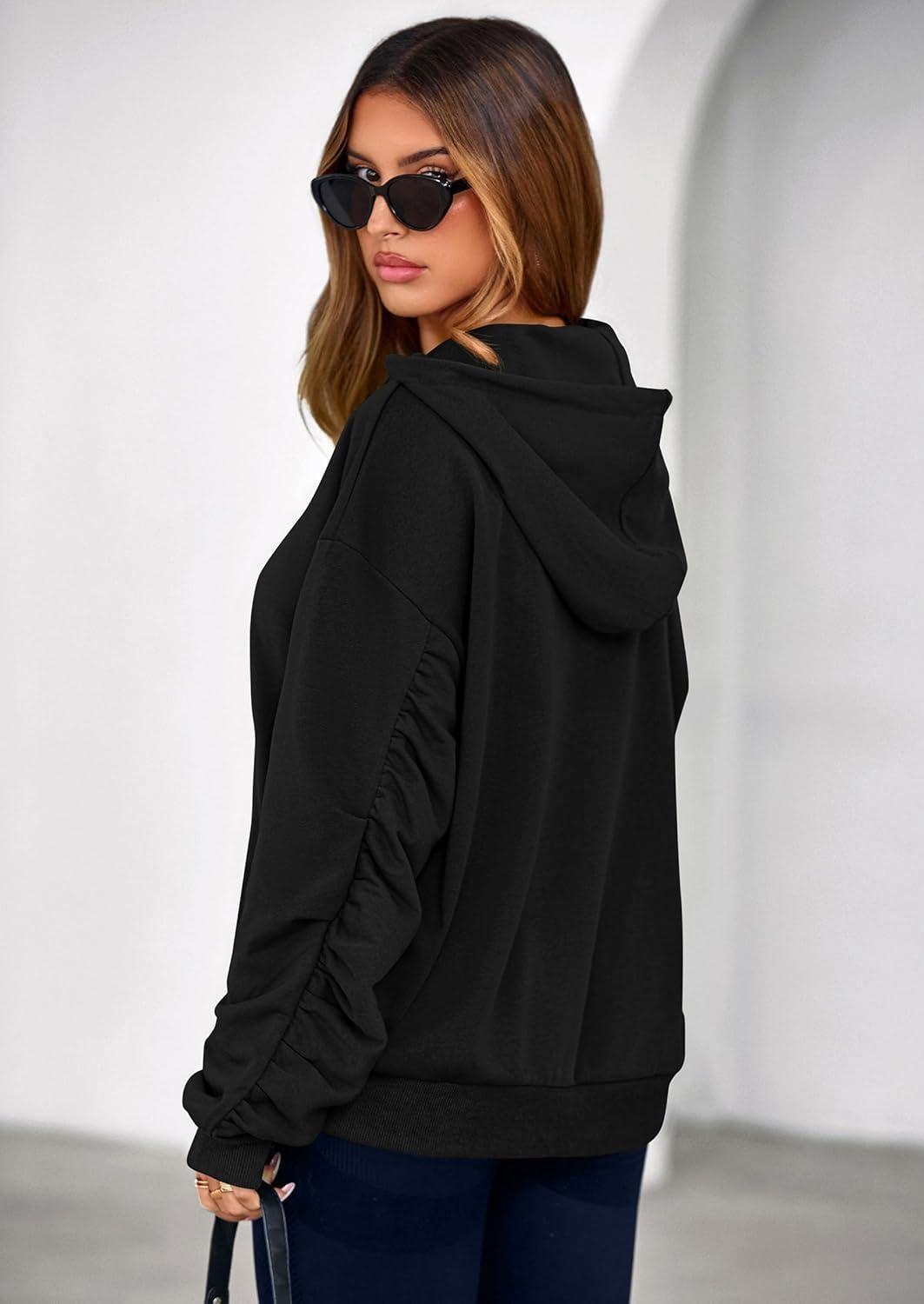 imagePRETTYGARDEN Hoodies for Women Oversized Pullover Sweatshirts 2025 Ruched Long Sleeve Casual Tops Fall Fashion Y2K ClothesBlack