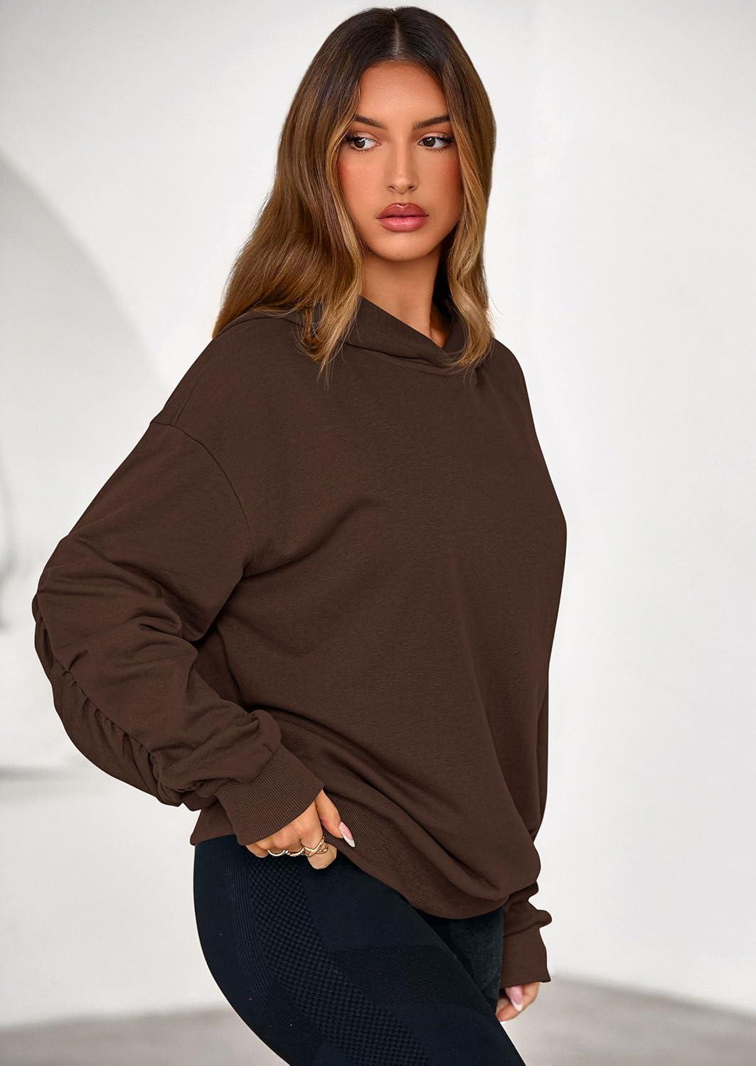 imagePRETTYGARDEN Hoodies for Women Oversized Pullover Sweatshirts 2025 Ruched Long Sleeve Casual Tops Fall Fashion Y2K ClothesBrown