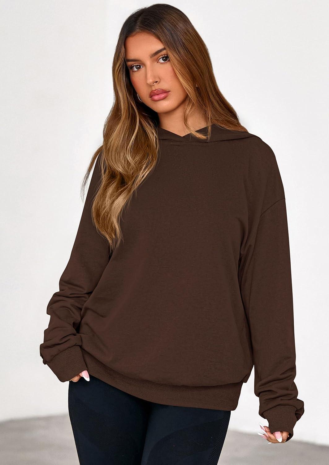 imagePRETTYGARDEN Hoodies for Women Oversized Pullover Sweatshirts 2025 Ruched Long Sleeve Casual Tops Fall Fashion Y2K ClothesBrown