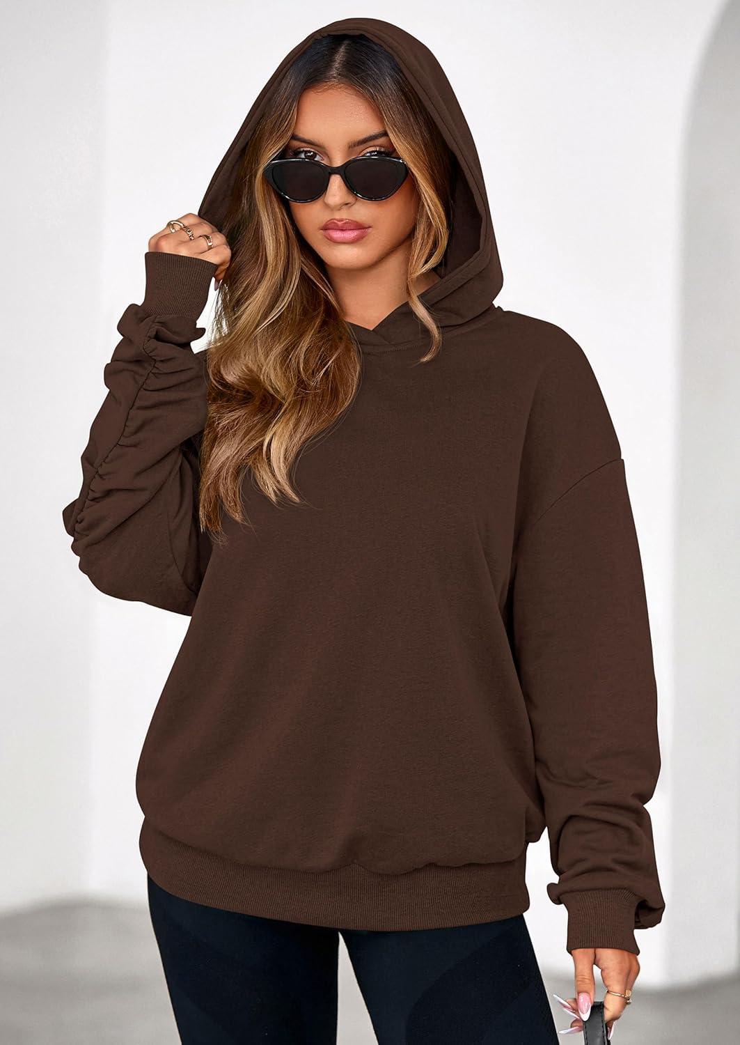imagePRETTYGARDEN Hoodies for Women Oversized Pullover Sweatshirts 2025 Ruched Long Sleeve Casual Tops Fall Fashion Y2K ClothesBrown