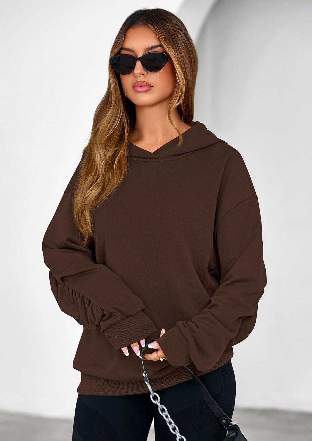 imagePRETTYGARDEN Hoodies for Women Oversized Pullover Sweatshirts 2025 Ruched Long Sleeve Casual Tops Fall Fashion Y2K ClothesBrown