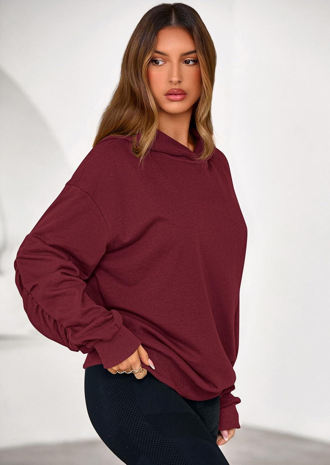 imagePRETTYGARDEN Hoodies for Women Oversized Pullover Sweatshirts 2025 Ruched Long Sleeve Casual Tops Fall Fashion Y2K ClothesBurgundy