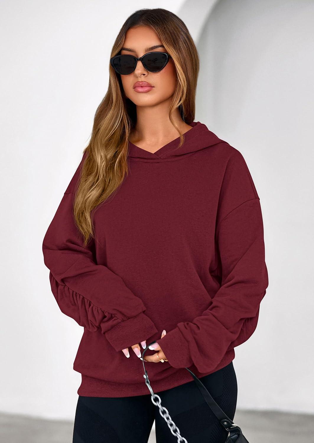 imagePRETTYGARDEN Hoodies for Women Oversized Pullover Sweatshirts 2025 Ruched Long Sleeve Casual Tops Fall Fashion Y2K ClothesBurgundy