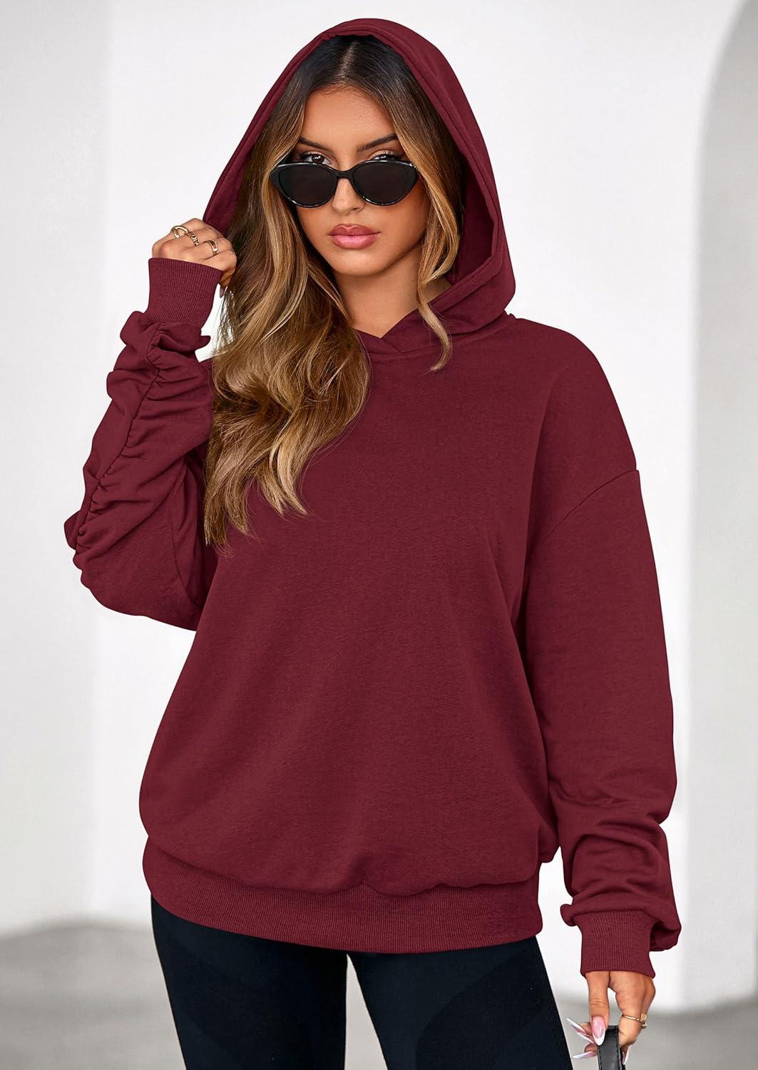 imagePRETTYGARDEN Hoodies for Women Oversized Pullover Sweatshirts 2025 Ruched Long Sleeve Casual Tops Fall Fashion Y2K ClothesBurgundy