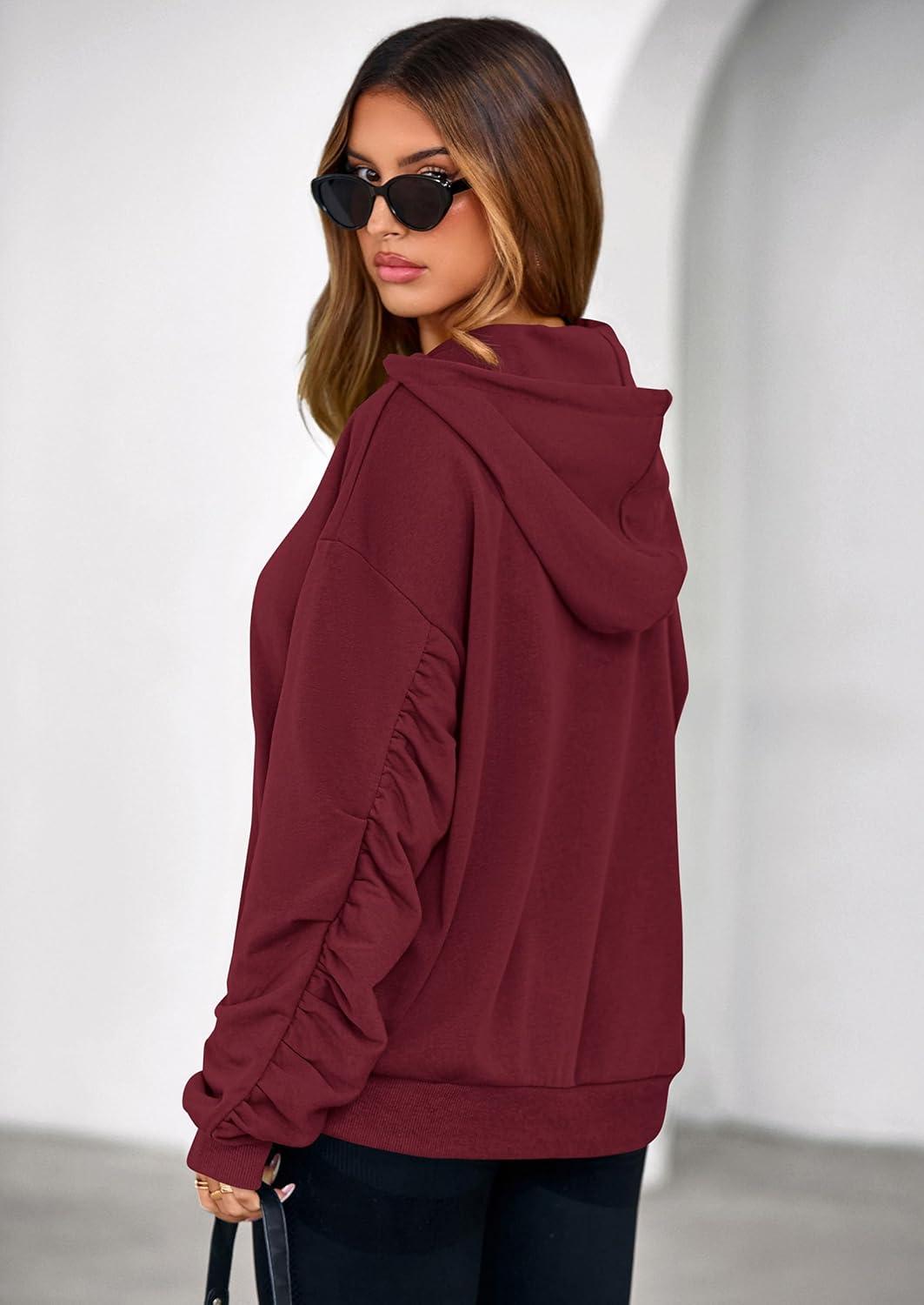 imagePRETTYGARDEN Hoodies for Women Oversized Pullover Sweatshirts 2025 Ruched Long Sleeve Casual Tops Fall Fashion Y2K ClothesBurgundy