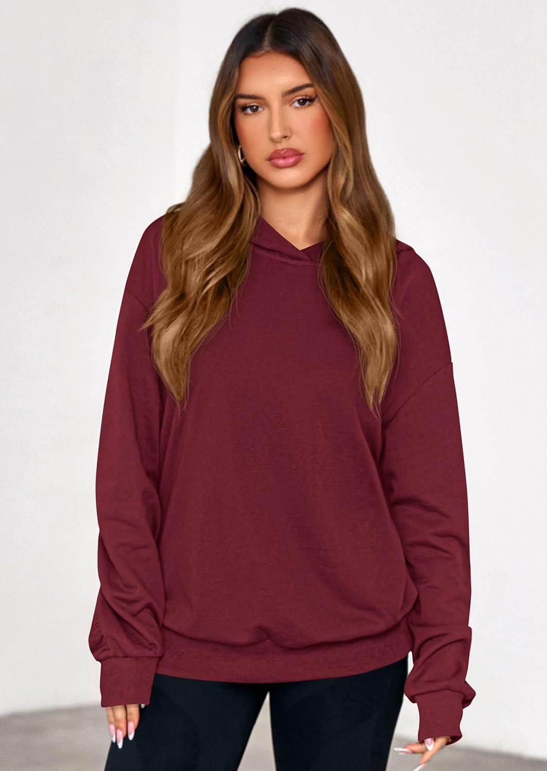 imagePRETTYGARDEN Hoodies for Women Oversized Pullover Sweatshirts 2025 Ruched Long Sleeve Casual Tops Fall Fashion Y2K ClothesBurgundy