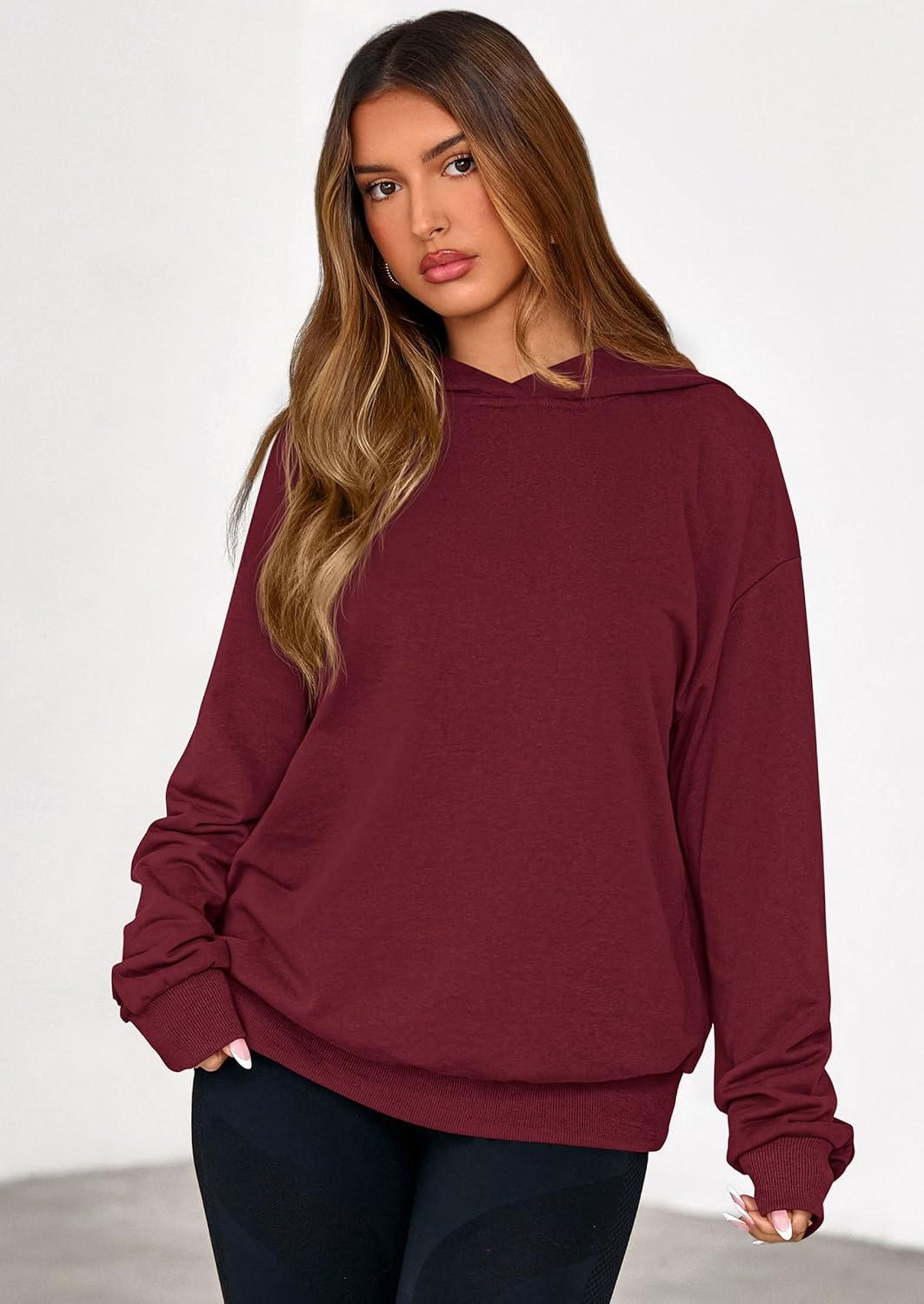imagePRETTYGARDEN Hoodies for Women Oversized Pullover Sweatshirts 2025 Ruched Long Sleeve Casual Tops Fall Fashion Y2K ClothesBurgundy