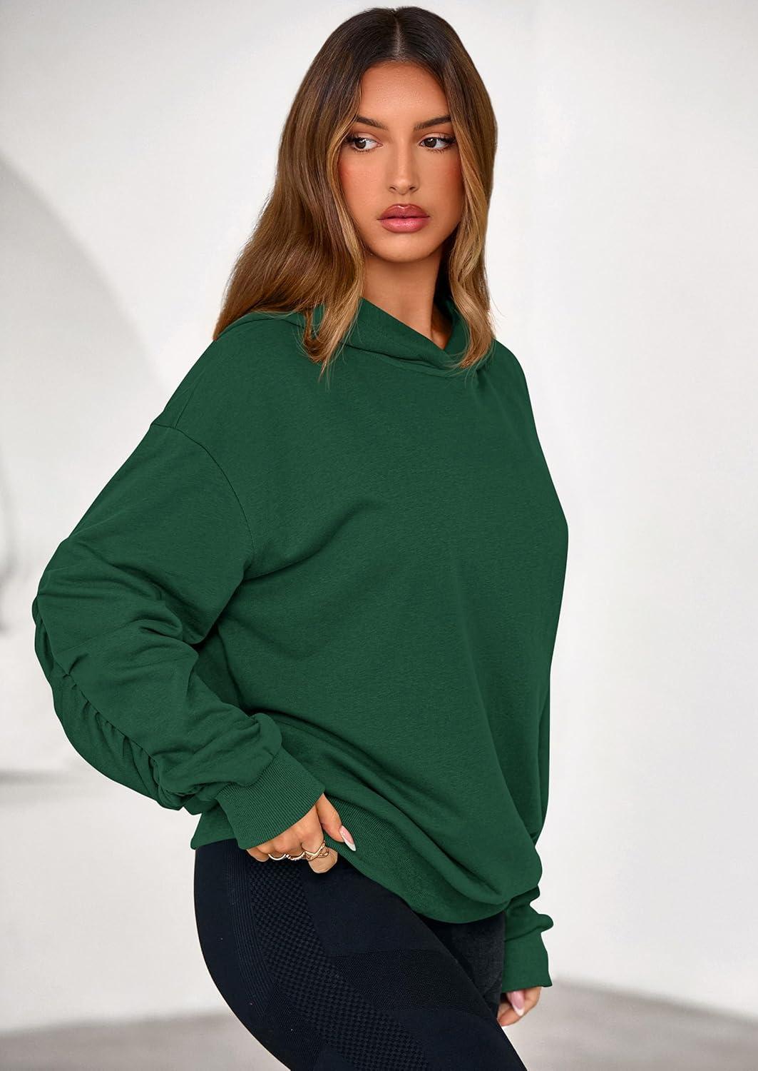 imagePRETTYGARDEN Hoodies for Women Oversized Pullover Sweatshirts 2025 Ruched Long Sleeve Casual Tops Fall Fashion Y2K ClothesDark Green