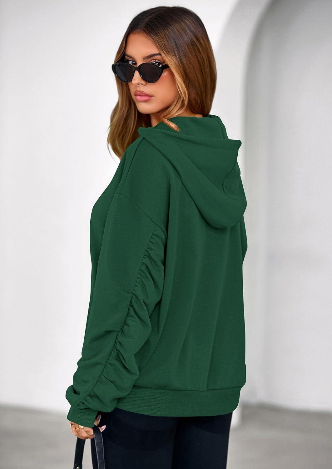 imagePRETTYGARDEN Hoodies for Women Oversized Pullover Sweatshirts 2025 Ruched Long Sleeve Casual Tops Fall Fashion Y2K ClothesDark Green