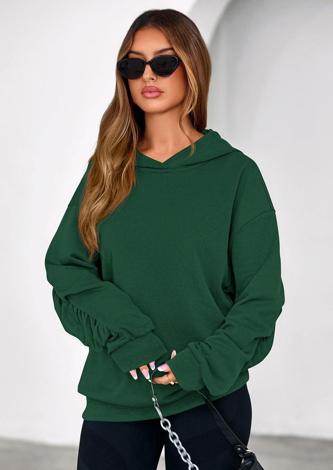 imagePRETTYGARDEN Hoodies for Women Oversized Pullover Sweatshirts 2025 Ruched Long Sleeve Casual Tops Fall Fashion Y2K ClothesDark Green