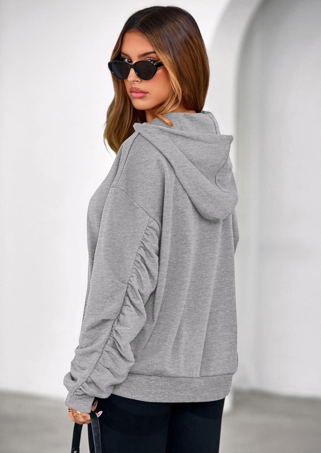 imagePRETTYGARDEN Hoodies for Women Oversized Pullover Sweatshirts 2025 Ruched Long Sleeve Casual Tops Fall Fashion Y2K ClothesGrey
