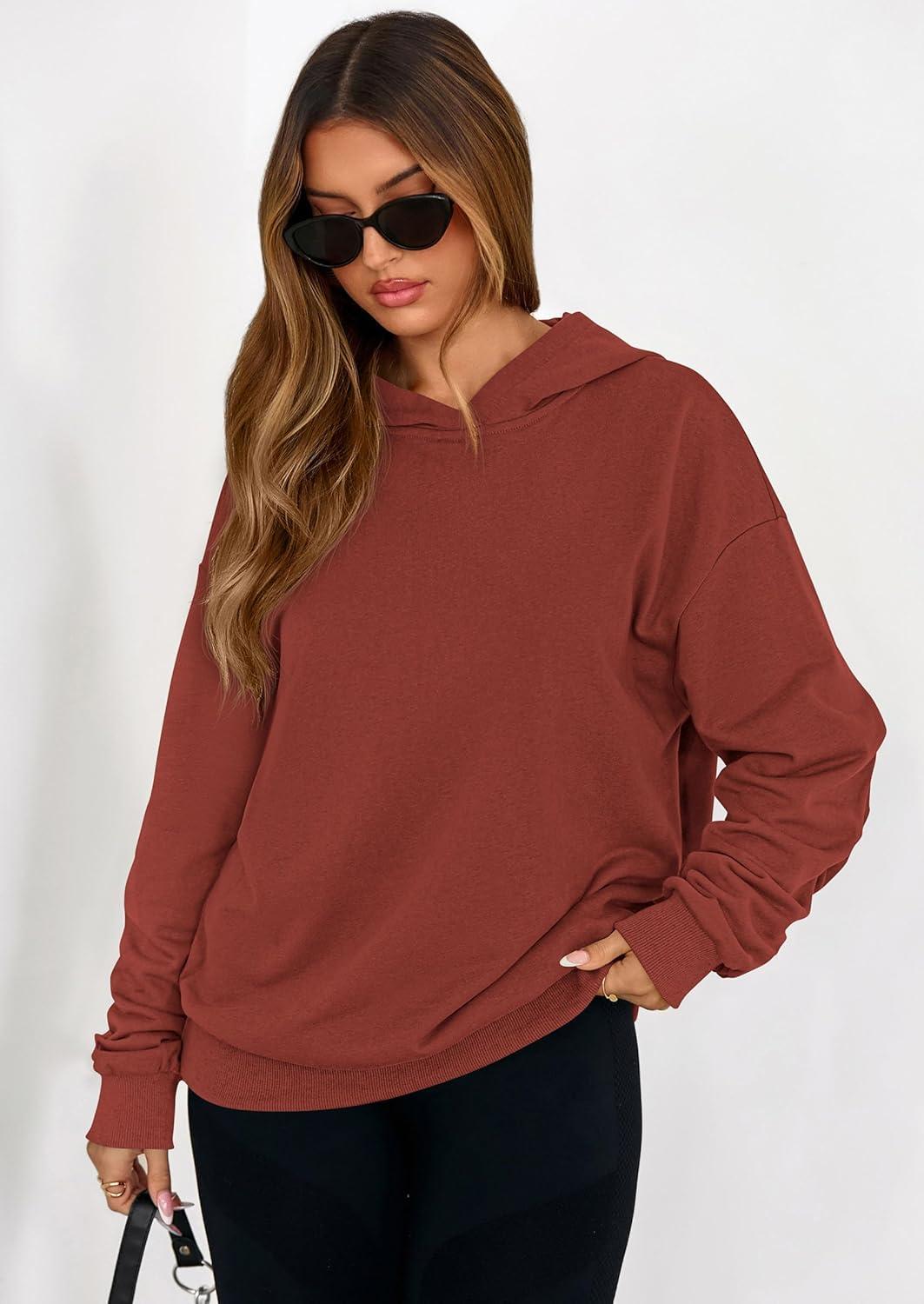 imagePRETTYGARDEN Hoodies for Women Oversized Pullover Sweatshirts 2025 Ruched Long Sleeve Casual Tops Fall Fashion Y2K ClothesRust
