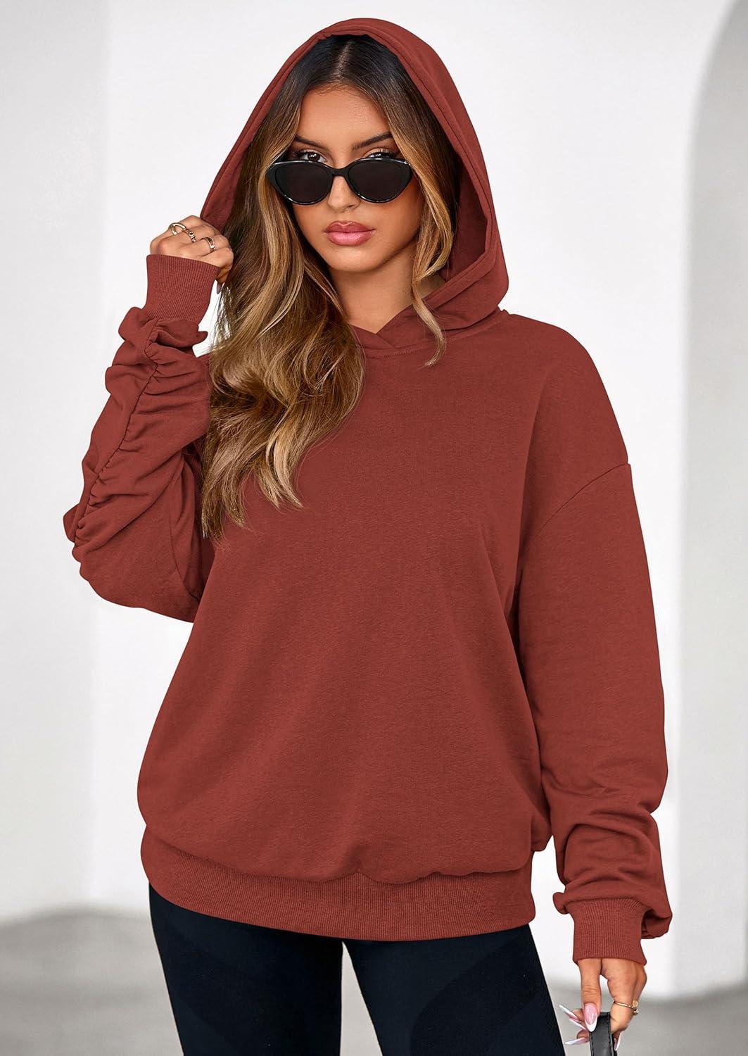 imagePRETTYGARDEN Hoodies for Women Oversized Pullover Sweatshirts 2025 Ruched Long Sleeve Casual Tops Fall Fashion Y2K ClothesRust
