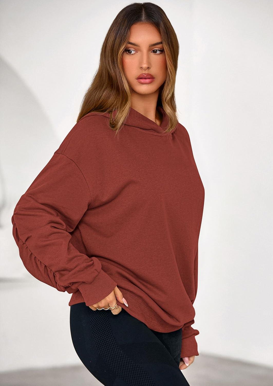 imagePRETTYGARDEN Hoodies for Women Oversized Pullover Sweatshirts 2025 Ruched Long Sleeve Casual Tops Fall Fashion Y2K ClothesRust