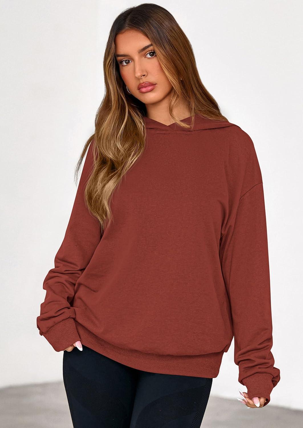 imagePRETTYGARDEN Hoodies for Women Oversized Pullover Sweatshirts 2025 Ruched Long Sleeve Casual Tops Fall Fashion Y2K ClothesRust