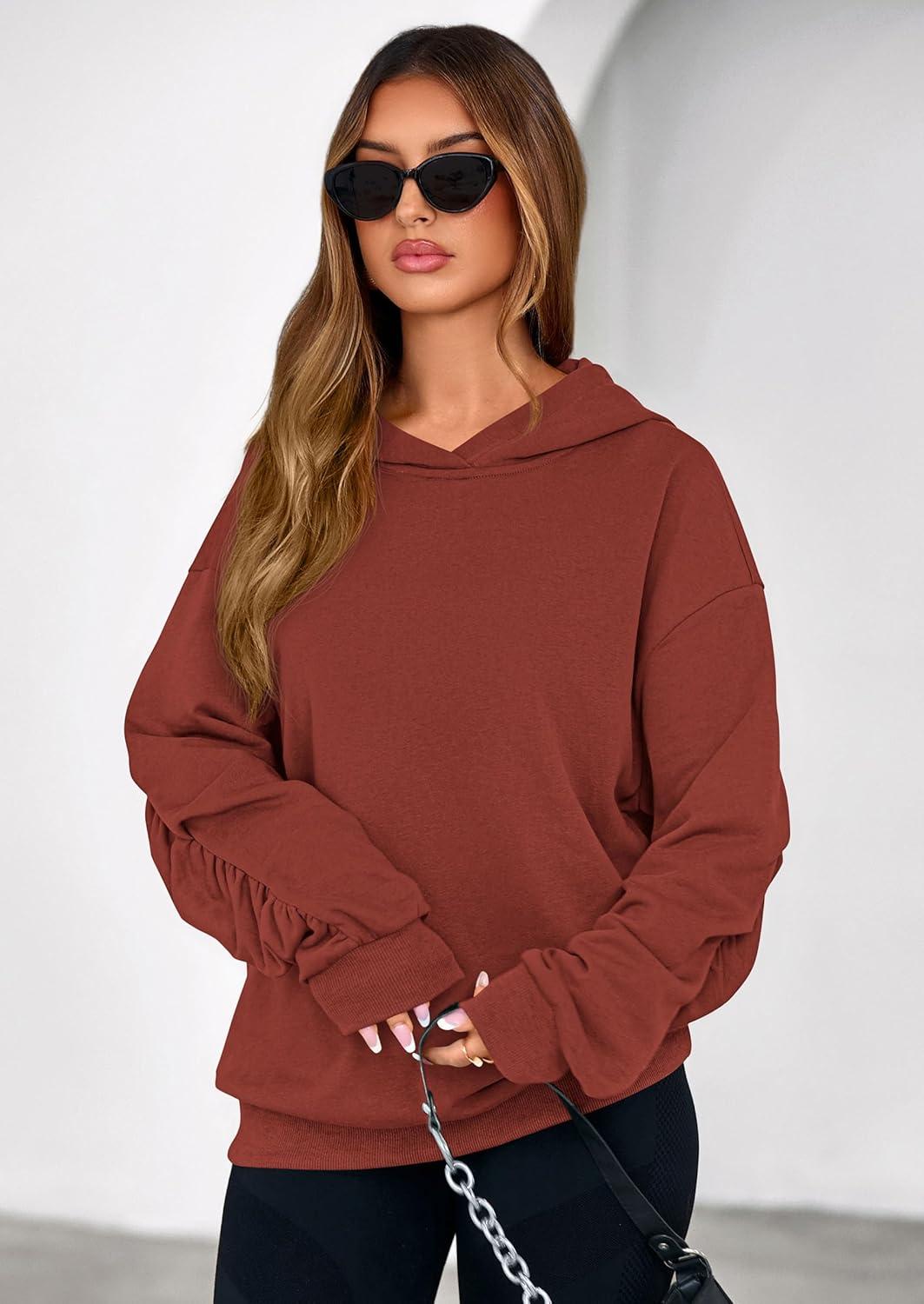 imagePRETTYGARDEN Hoodies for Women Oversized Pullover Sweatshirts 2025 Ruched Long Sleeve Casual Tops Fall Fashion Y2K ClothesRust