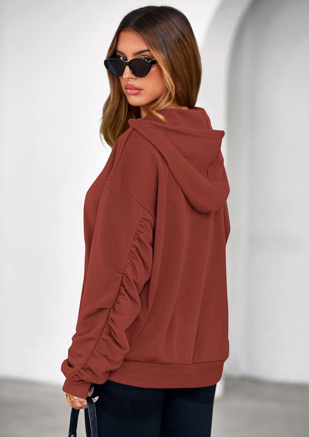 imagePRETTYGARDEN Hoodies for Women Oversized Pullover Sweatshirts 2025 Ruched Long Sleeve Casual Tops Fall Fashion Y2K ClothesRust
