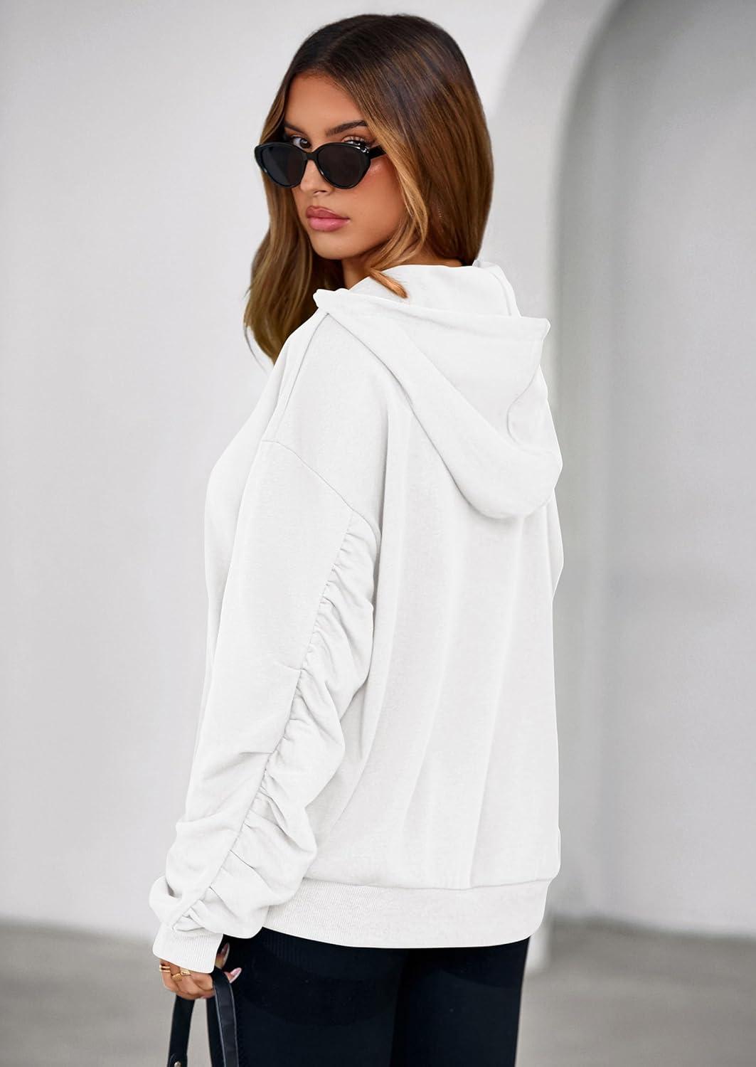 imagePRETTYGARDEN Hoodies for Women Oversized Pullover Sweatshirts 2025 Ruched Long Sleeve Casual Tops Fall Fashion Y2K ClothesWhite