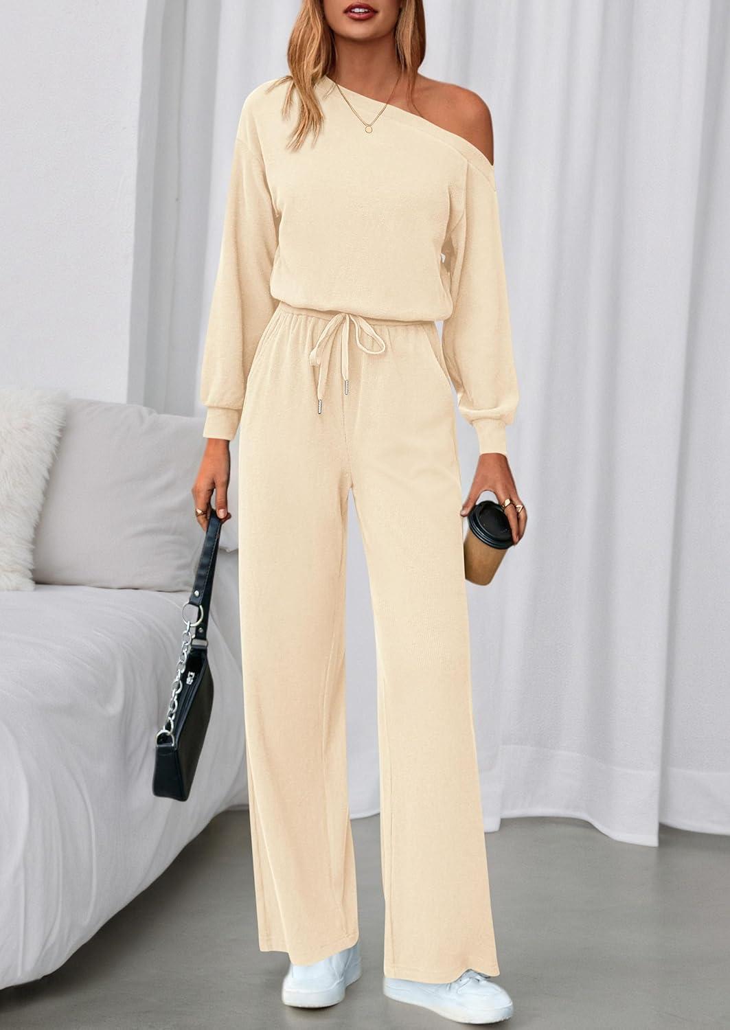 imagePRETTYGARDEN Long Sleeve Jumpsuit For Women Dressy 2025 Off Shoulder One Piece Loose Wide Leg Jumpsuits Casual Flowy RomperApricot
