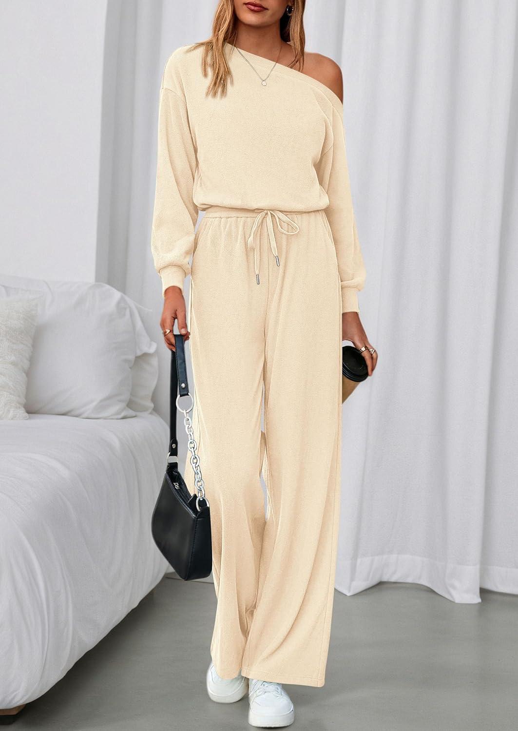 imagePRETTYGARDEN Long Sleeve Jumpsuit For Women Dressy 2025 Off Shoulder One Piece Loose Wide Leg Jumpsuits Casual Flowy RomperApricot