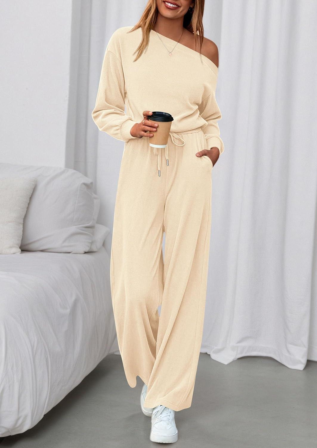 imagePRETTYGARDEN Long Sleeve Jumpsuit For Women Dressy 2025 Off Shoulder One Piece Loose Wide Leg Jumpsuits Casual Flowy RomperApricot