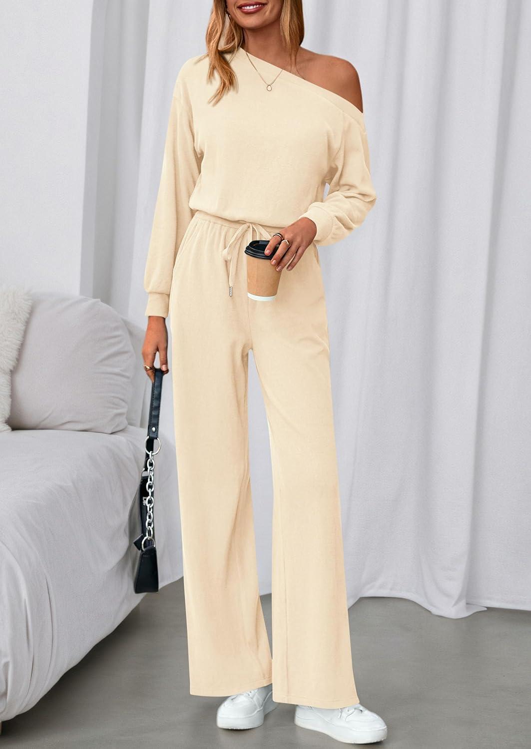 imagePRETTYGARDEN Long Sleeve Jumpsuit For Women Dressy 2025 Off Shoulder One Piece Loose Wide Leg Jumpsuits Casual Flowy RomperApricot
