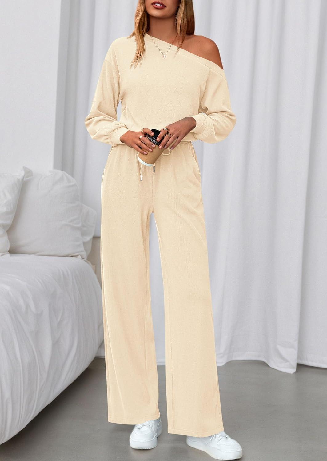 imagePRETTYGARDEN Long Sleeve Jumpsuit For Women Dressy 2025 Off Shoulder One Piece Loose Wide Leg Jumpsuits Casual Flowy RomperApricot