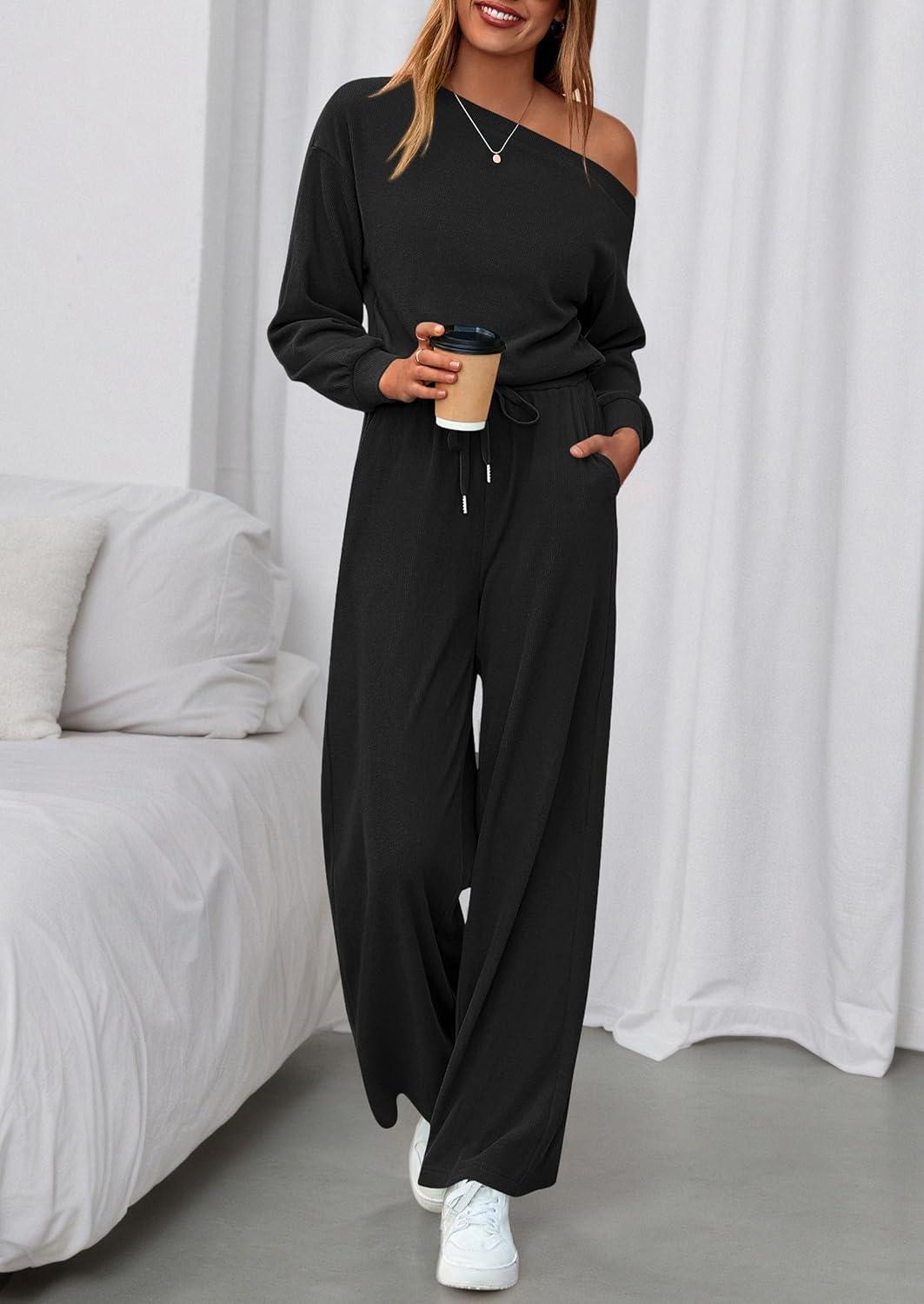 imagePRETTYGARDEN Long Sleeve Jumpsuit For Women Dressy 2025 Off Shoulder One Piece Loose Wide Leg Jumpsuits Casual Flowy RomperBlack