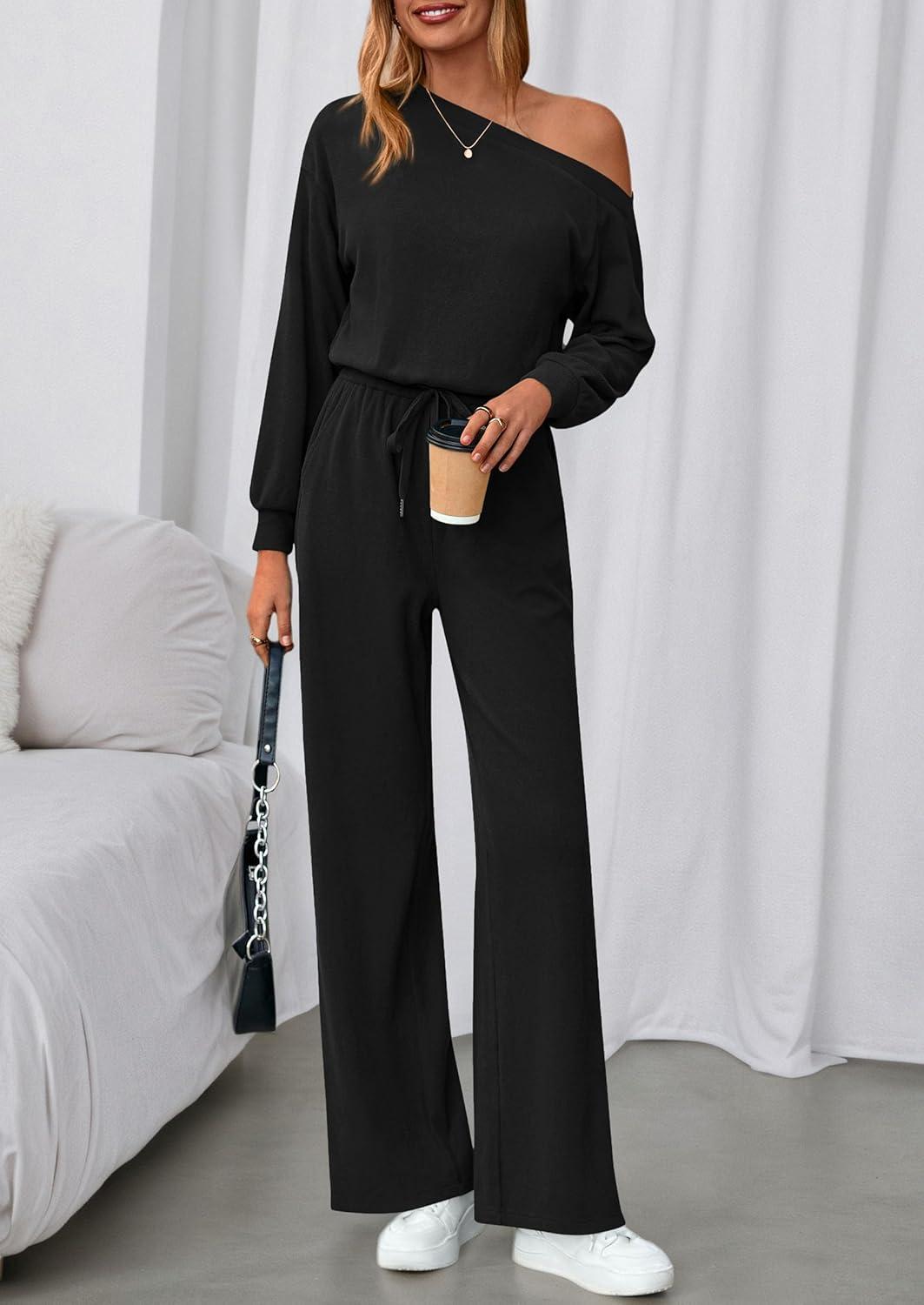 imagePRETTYGARDEN Long Sleeve Jumpsuit For Women Dressy 2025 Off Shoulder One Piece Loose Wide Leg Jumpsuits Casual Flowy RomperBlack