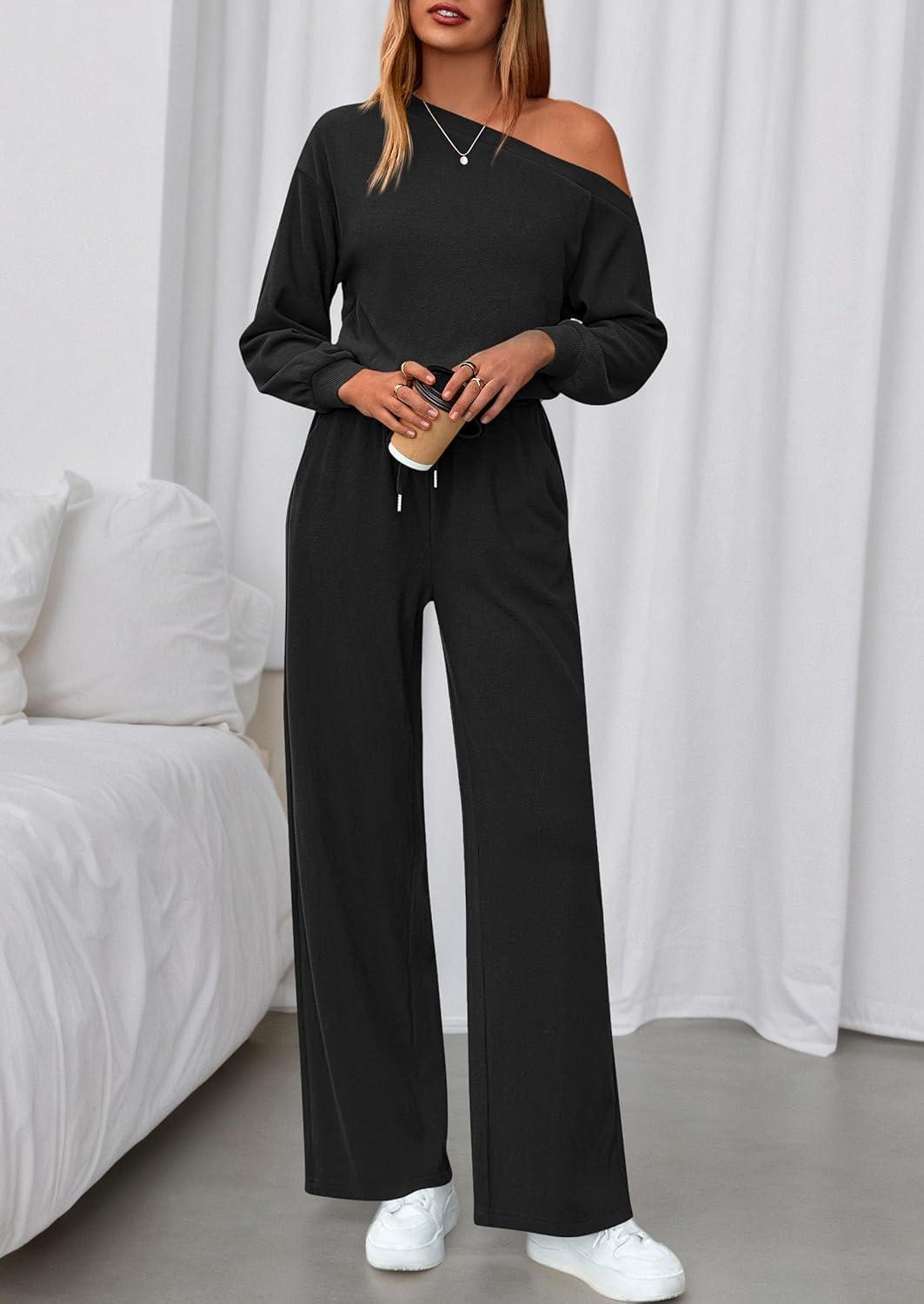 imagePRETTYGARDEN Long Sleeve Jumpsuit For Women Dressy 2025 Off Shoulder One Piece Loose Wide Leg Jumpsuits Casual Flowy RomperBlack