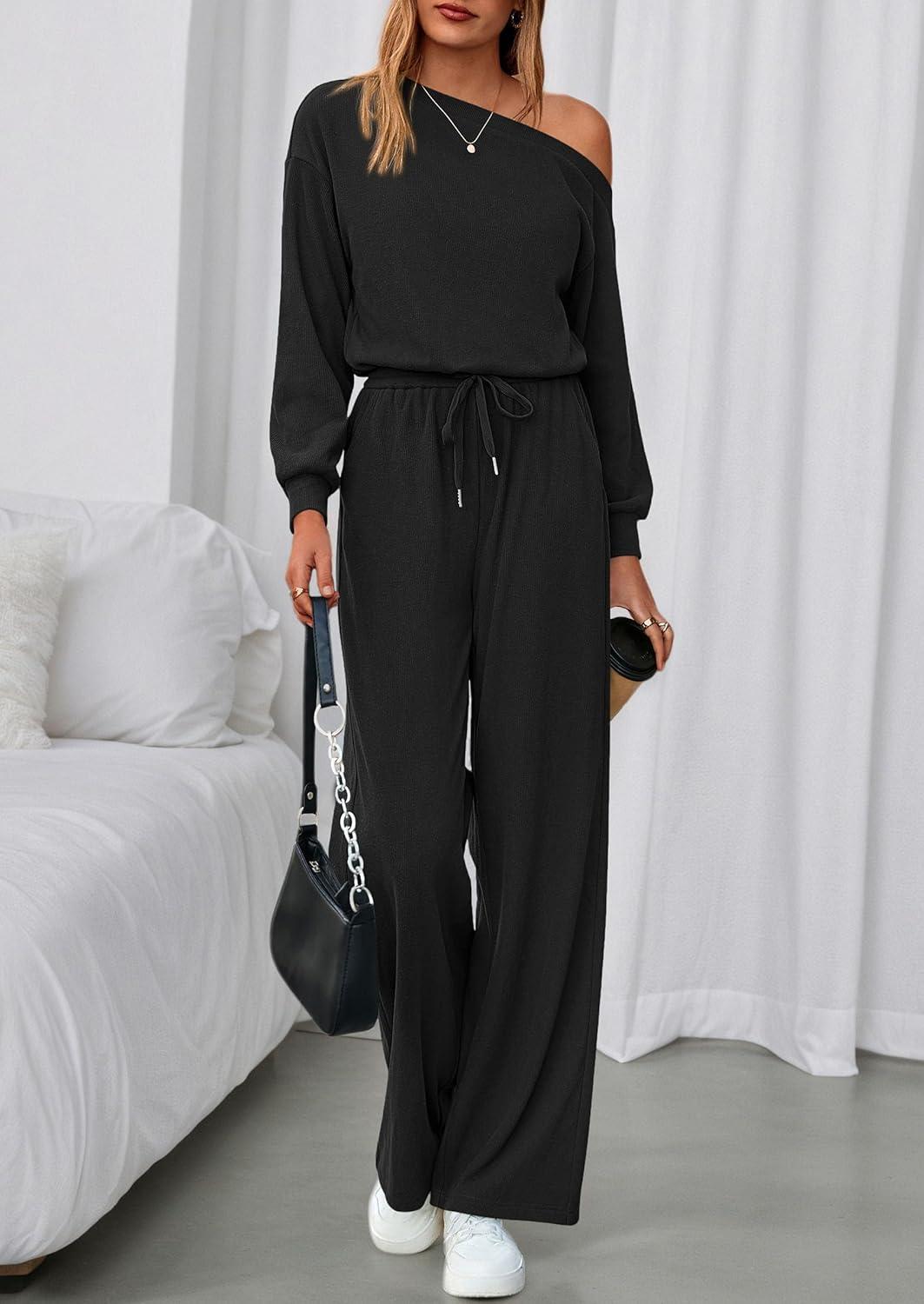 imagePRETTYGARDEN Long Sleeve Jumpsuit For Women Dressy 2025 Off Shoulder One Piece Loose Wide Leg Jumpsuits Casual Flowy RomperBlack