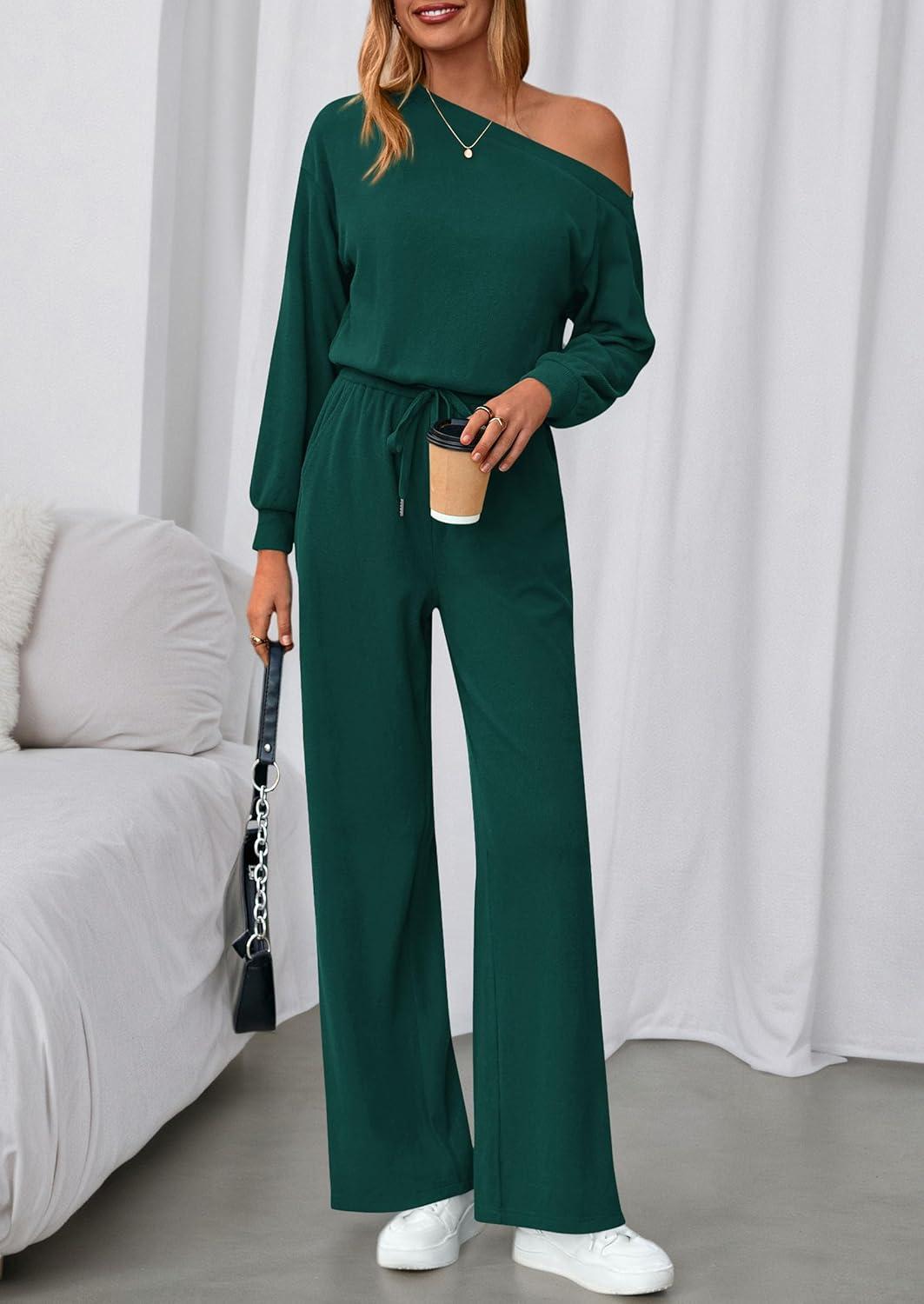 imagePRETTYGARDEN Long Sleeve Jumpsuit For Women Dressy 2025 Off Shoulder One Piece Loose Wide Leg Jumpsuits Casual Flowy RomperDark Green