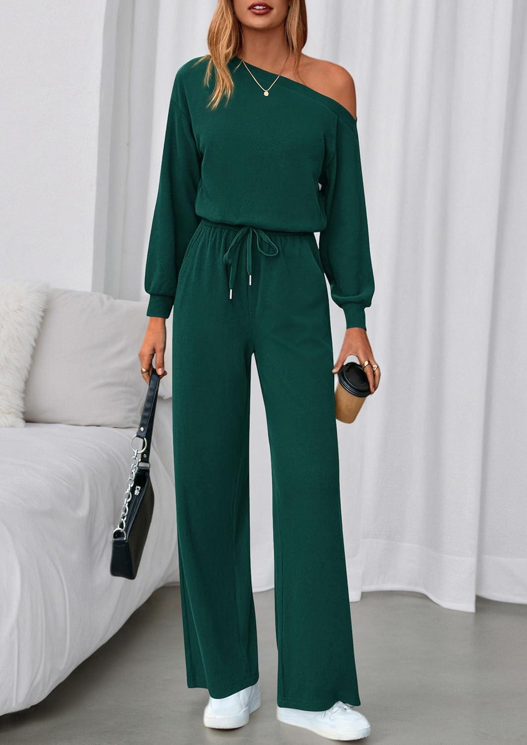 imagePRETTYGARDEN Long Sleeve Jumpsuit For Women Dressy 2025 Off Shoulder One Piece Loose Wide Leg Jumpsuits Casual Flowy RomperDark Green