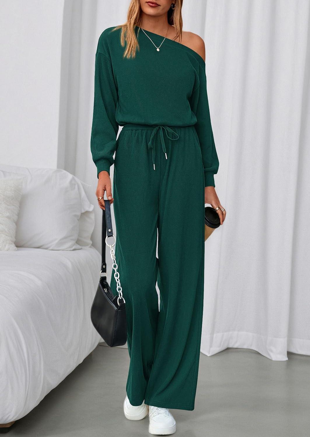 imagePRETTYGARDEN Long Sleeve Jumpsuit For Women Dressy 2025 Off Shoulder One Piece Loose Wide Leg Jumpsuits Casual Flowy RomperDark Green