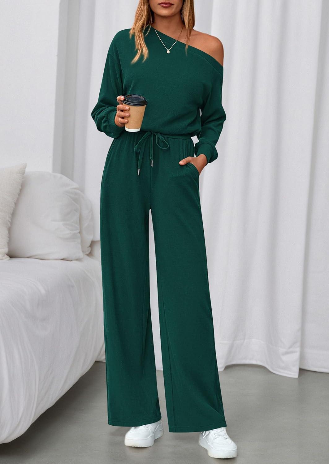 imagePRETTYGARDEN Long Sleeve Jumpsuit For Women Dressy 2025 Off Shoulder One Piece Loose Wide Leg Jumpsuits Casual Flowy RomperDark Green