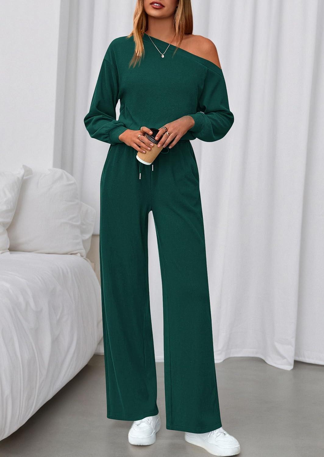 imagePRETTYGARDEN Long Sleeve Jumpsuit For Women Dressy 2025 Off Shoulder One Piece Loose Wide Leg Jumpsuits Casual Flowy RomperDark Green