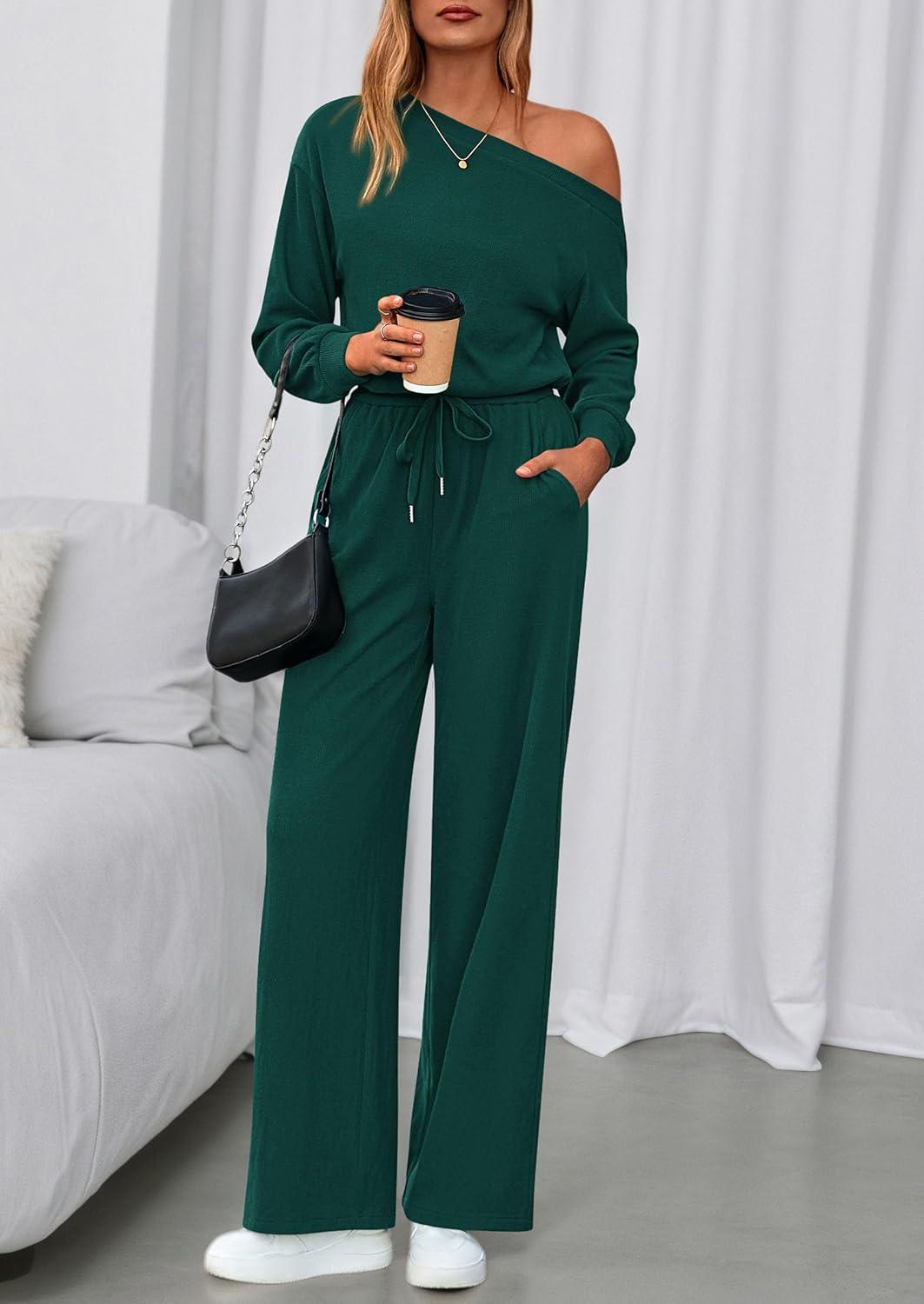 imagePRETTYGARDEN Long Sleeve Jumpsuit For Women Dressy 2025 Off Shoulder One Piece Loose Wide Leg Jumpsuits Casual Flowy RomperDark Green