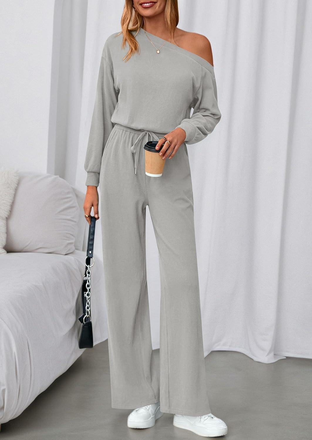 imagePRETTYGARDEN Long Sleeve Jumpsuit For Women Dressy 2025 Off Shoulder One Piece Loose Wide Leg Jumpsuits Casual Flowy RomperGrey