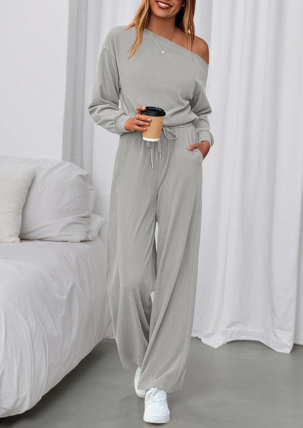 imagePRETTYGARDEN Long Sleeve Jumpsuit For Women Dressy 2025 Off Shoulder One Piece Loose Wide Leg Jumpsuits Casual Flowy RomperGrey