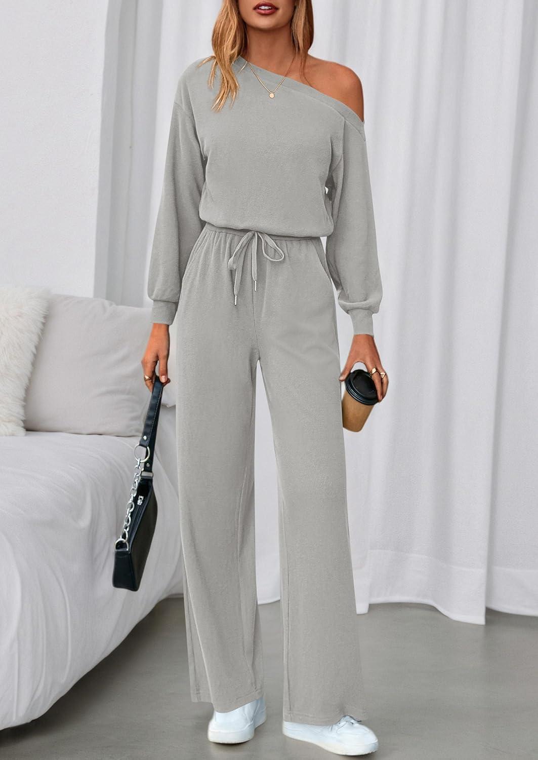 imagePRETTYGARDEN Long Sleeve Jumpsuit For Women Dressy 2025 Off Shoulder One Piece Loose Wide Leg Jumpsuits Casual Flowy RomperGrey