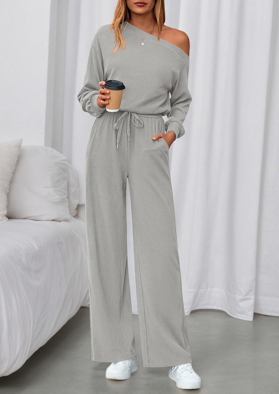 imagePRETTYGARDEN Long Sleeve Jumpsuit For Women Dressy 2025 Off Shoulder One Piece Loose Wide Leg Jumpsuits Casual Flowy RomperGrey