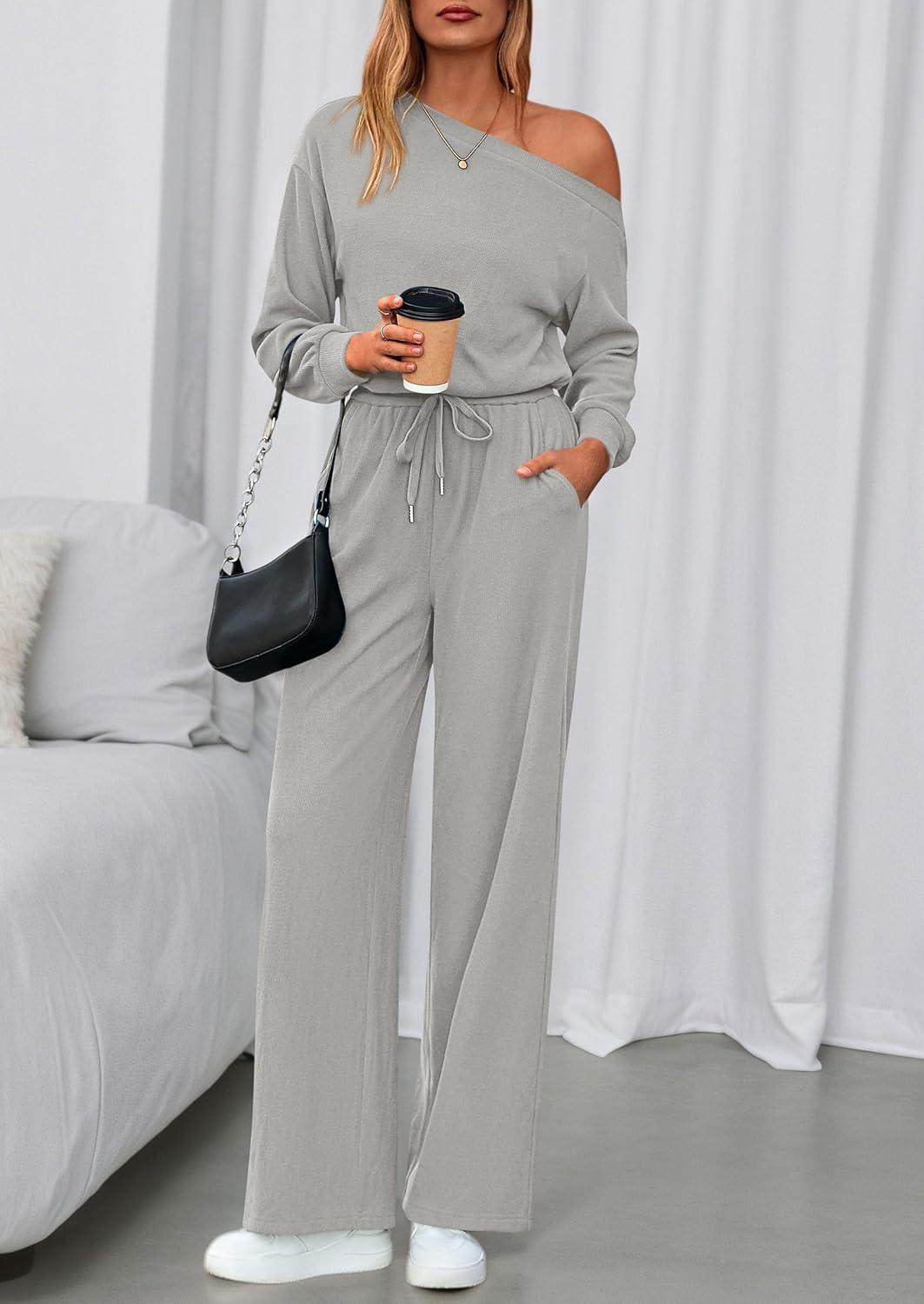 imagePRETTYGARDEN Long Sleeve Jumpsuit For Women Dressy 2025 Off Shoulder One Piece Loose Wide Leg Jumpsuits Casual Flowy RomperGrey