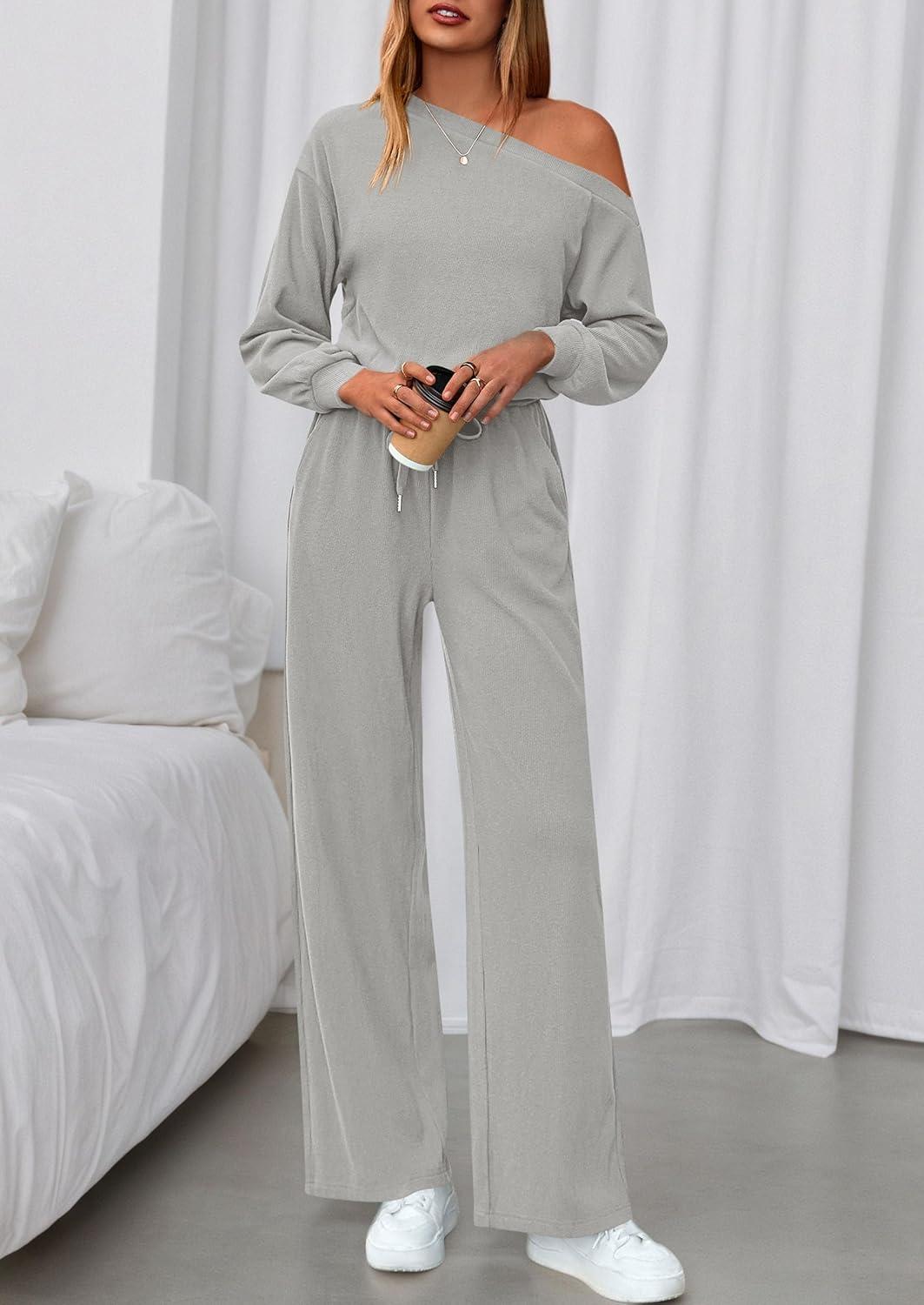 imagePRETTYGARDEN Long Sleeve Jumpsuit For Women Dressy 2025 Off Shoulder One Piece Loose Wide Leg Jumpsuits Casual Flowy RomperGrey