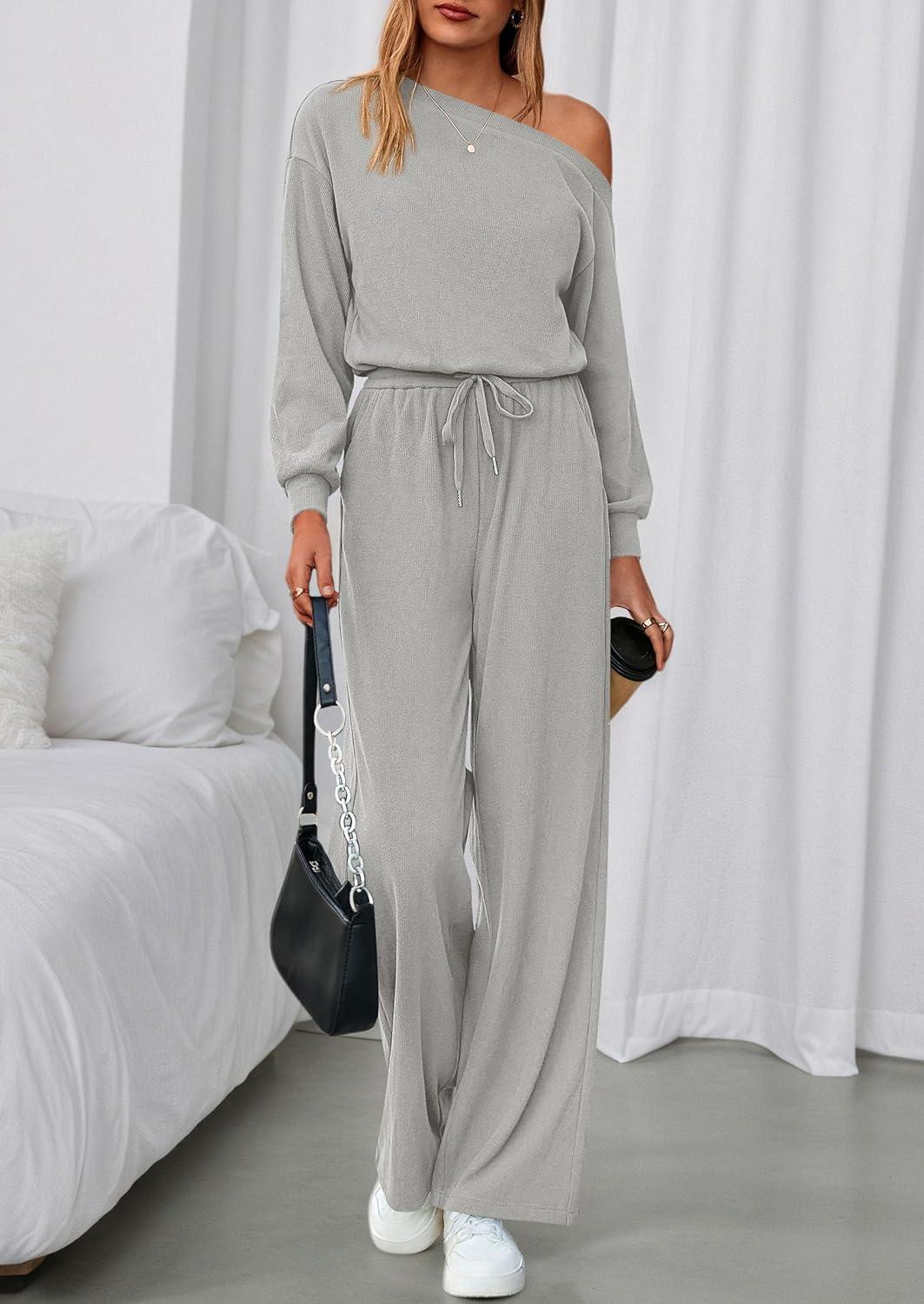 imagePRETTYGARDEN Long Sleeve Jumpsuit For Women Dressy 2025 Off Shoulder One Piece Loose Wide Leg Jumpsuits Casual Flowy RomperGrey