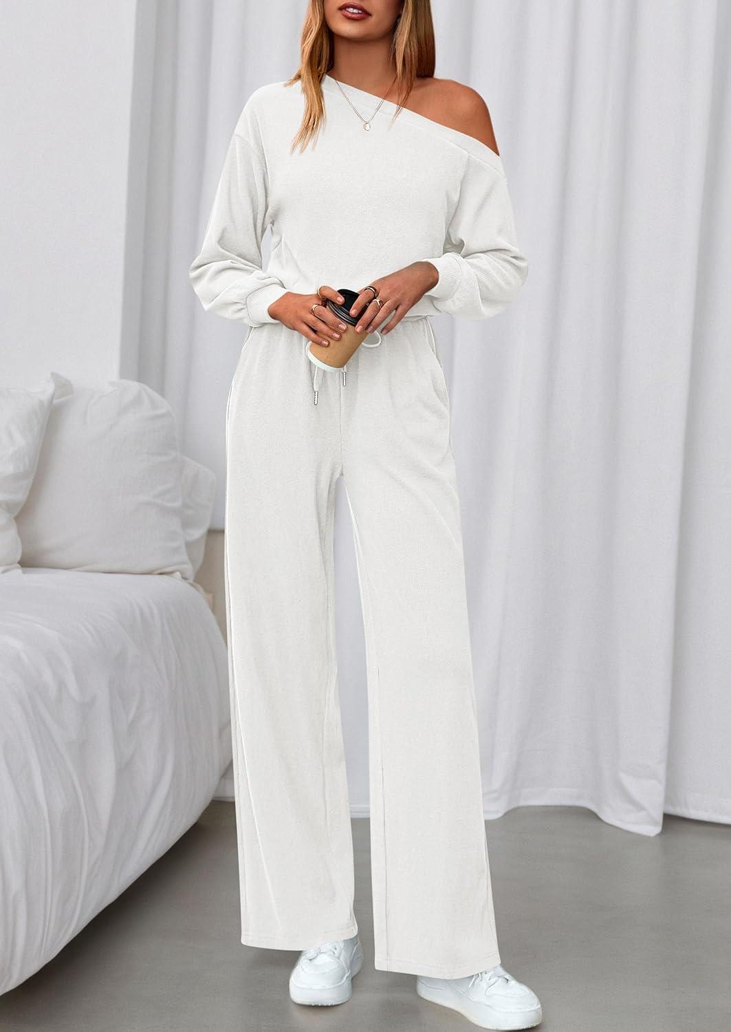imagePRETTYGARDEN Long Sleeve Jumpsuit For Women Dressy 2025 Off Shoulder One Piece Loose Wide Leg Jumpsuits Casual Flowy RomperWhite