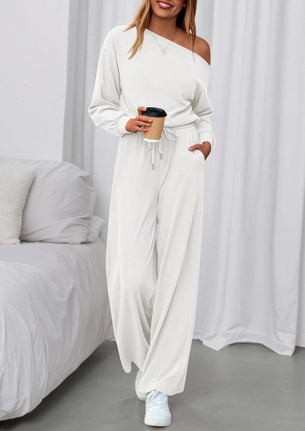 imagePRETTYGARDEN Long Sleeve Jumpsuit For Women Dressy 2025 Off Shoulder One Piece Loose Wide Leg Jumpsuits Casual Flowy RomperWhite