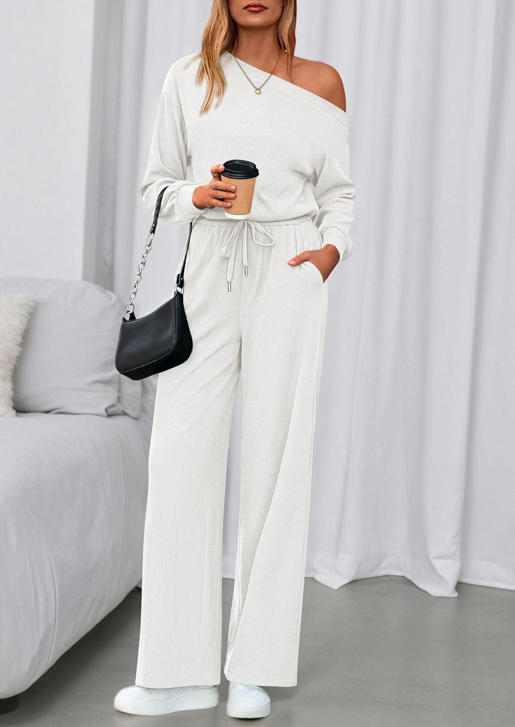 imagePRETTYGARDEN Long Sleeve Jumpsuit For Women Dressy 2025 Off Shoulder One Piece Loose Wide Leg Jumpsuits Casual Flowy RomperWhite