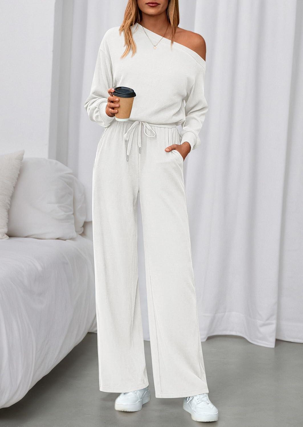 imagePRETTYGARDEN Long Sleeve Jumpsuit For Women Dressy 2025 Off Shoulder One Piece Loose Wide Leg Jumpsuits Casual Flowy RomperWhite