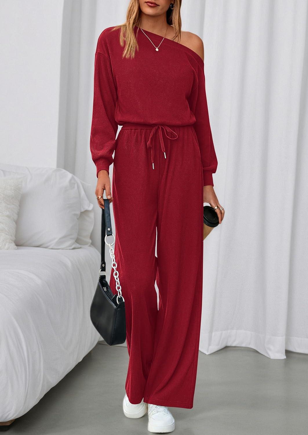 imagePRETTYGARDEN Long Sleeve Jumpsuit For Women Dressy 2025 Off Shoulder One Piece Loose Wide Leg Jumpsuits Casual Flowy RomperWine Red