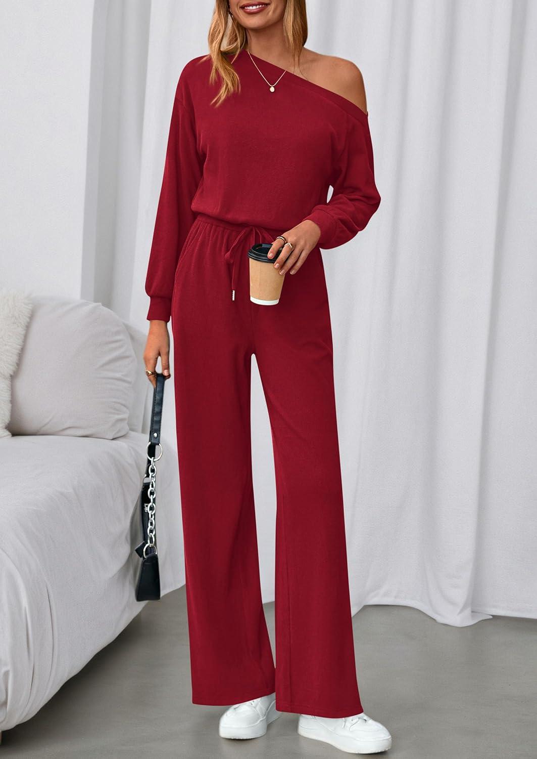 imagePRETTYGARDEN Long Sleeve Jumpsuit For Women Dressy 2025 Off Shoulder One Piece Loose Wide Leg Jumpsuits Casual Flowy RomperWine Red
